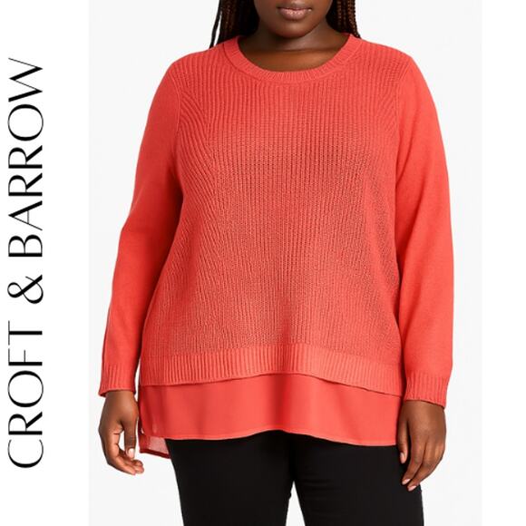 croft & barrow Sweaters - CROFT & BARROW Melon-Pink Pullover Sweater With Hem Detail, XXL